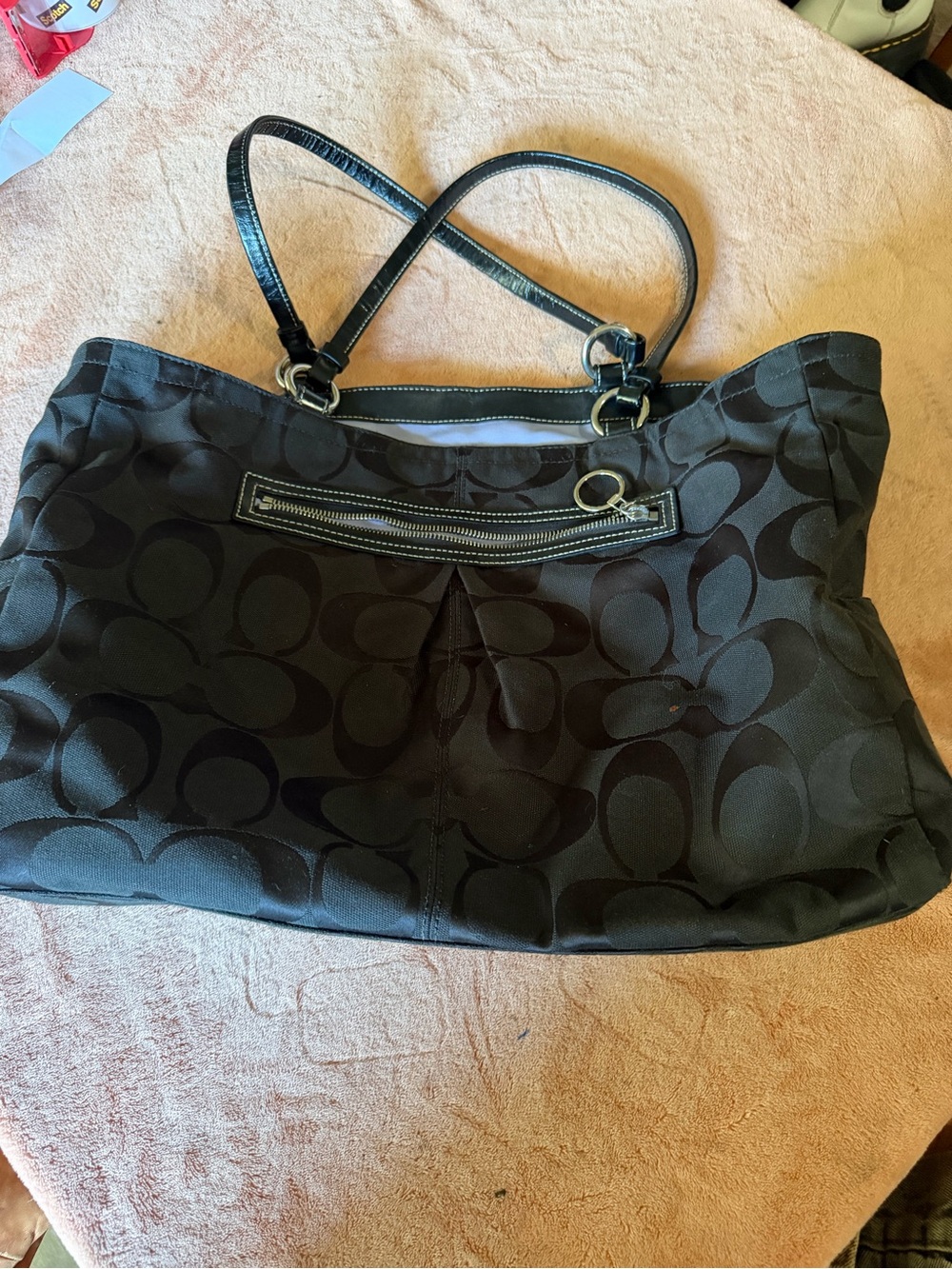 Coach Black Signature Jacquard Tote with Leather Straps